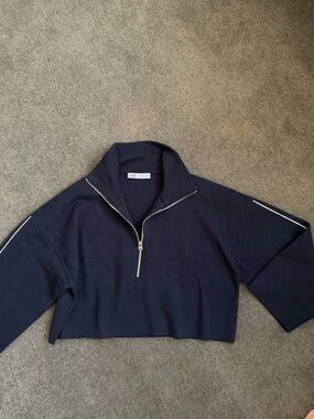 Zara Navy Cropped Half-Zip Sweater with Silver Trim